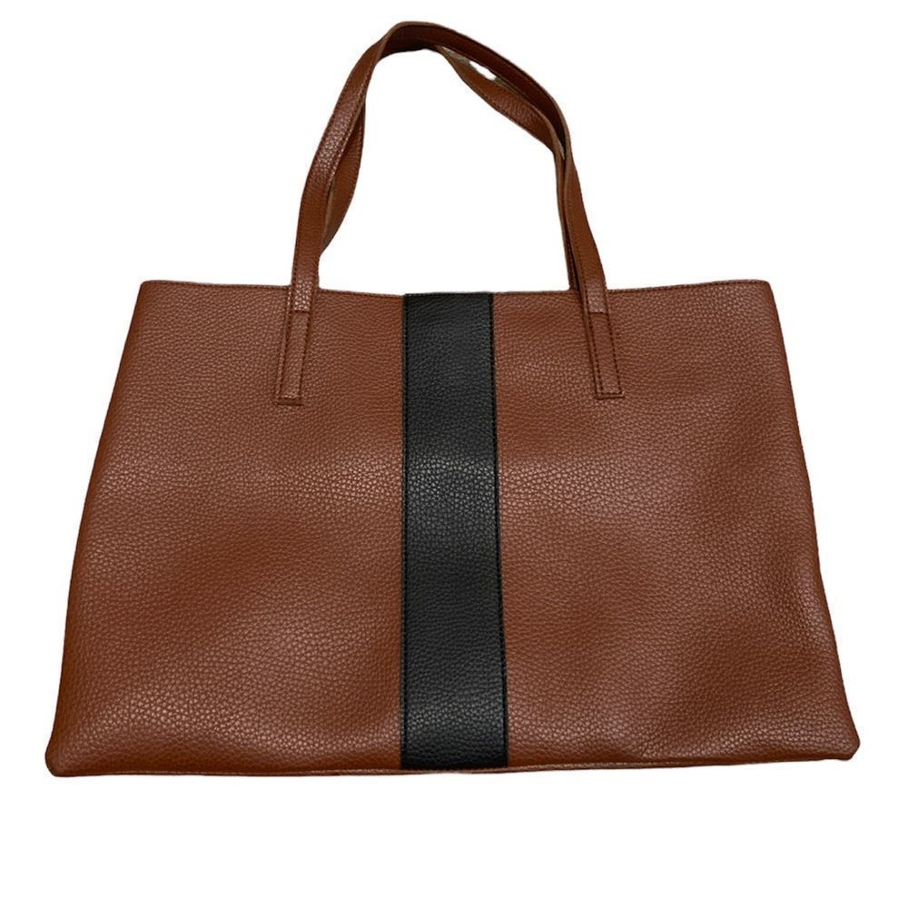Vince Camuto Brown Leather Tote with Black Center Stripe
